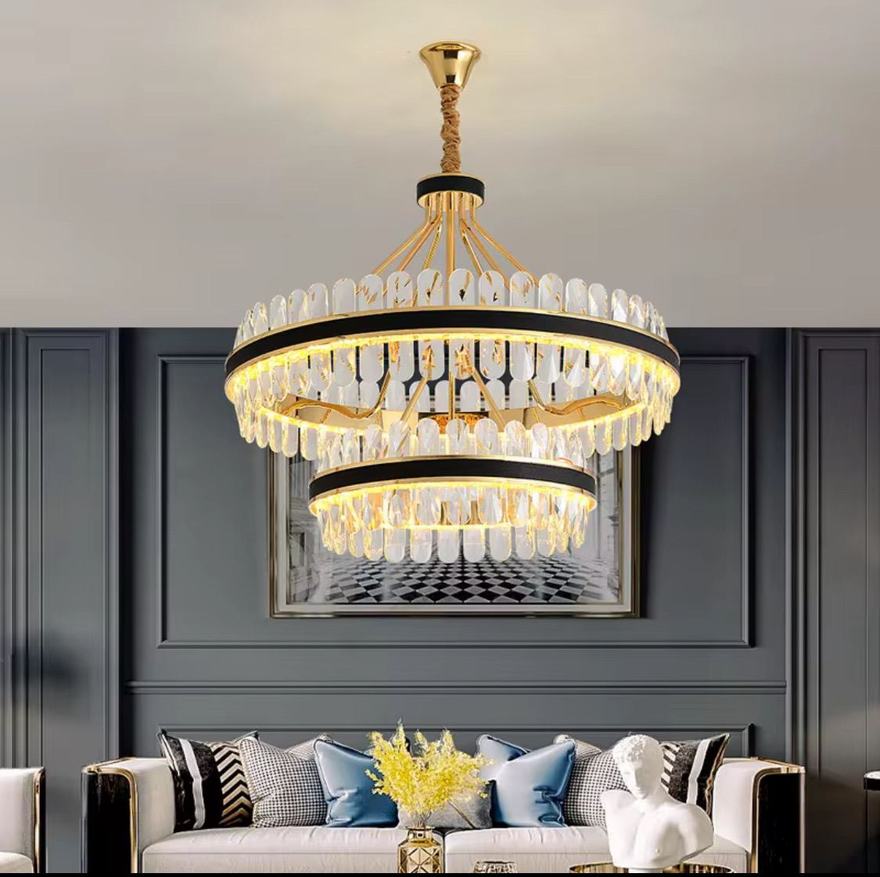Lustre deux étages or et noir avec cristaux — Watts Service Trading, matériel électrique Dakar Sénégal