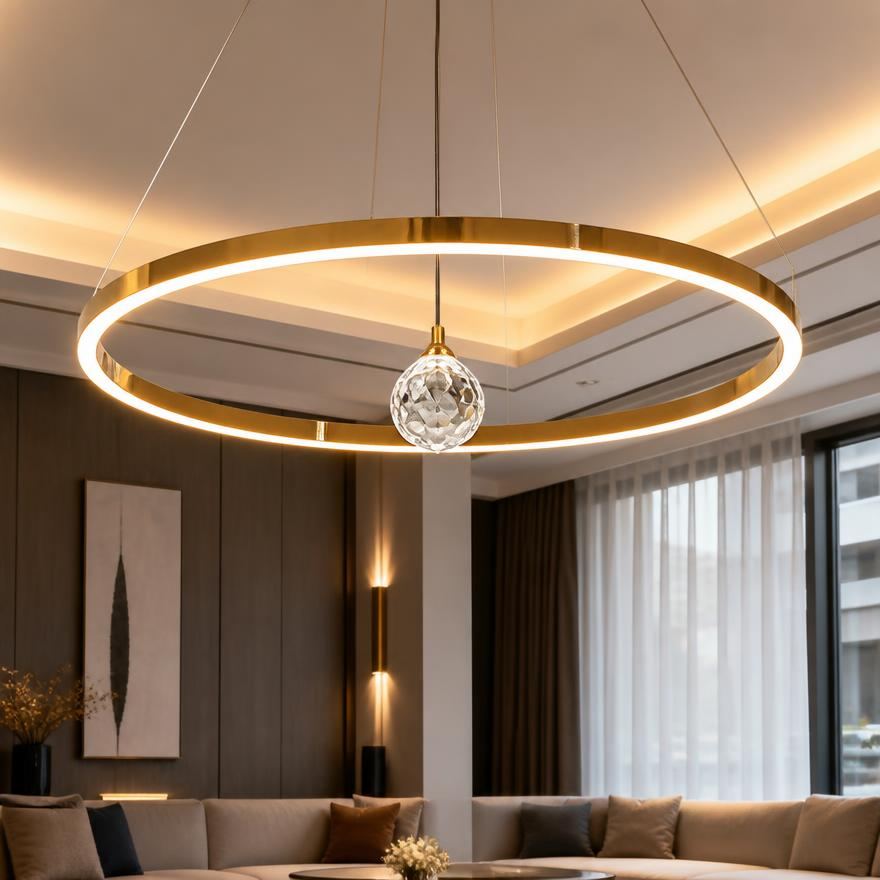 Lustre moderne circulaire avec sphère centrale dorée — Watts Service Trading, matériel électrique Dakar Sénégal