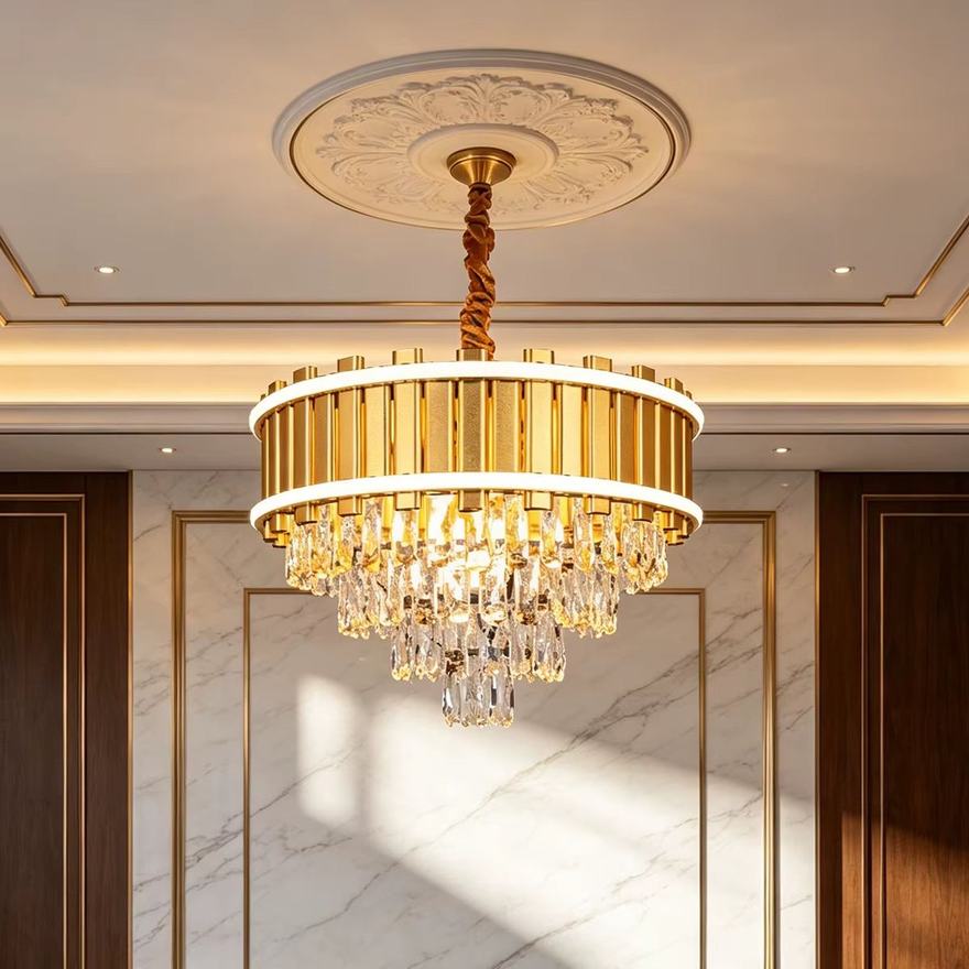 Lustre tambour doré à pampilles cristal — Watts Service Trading, matériel électrique Dakar Sénégal